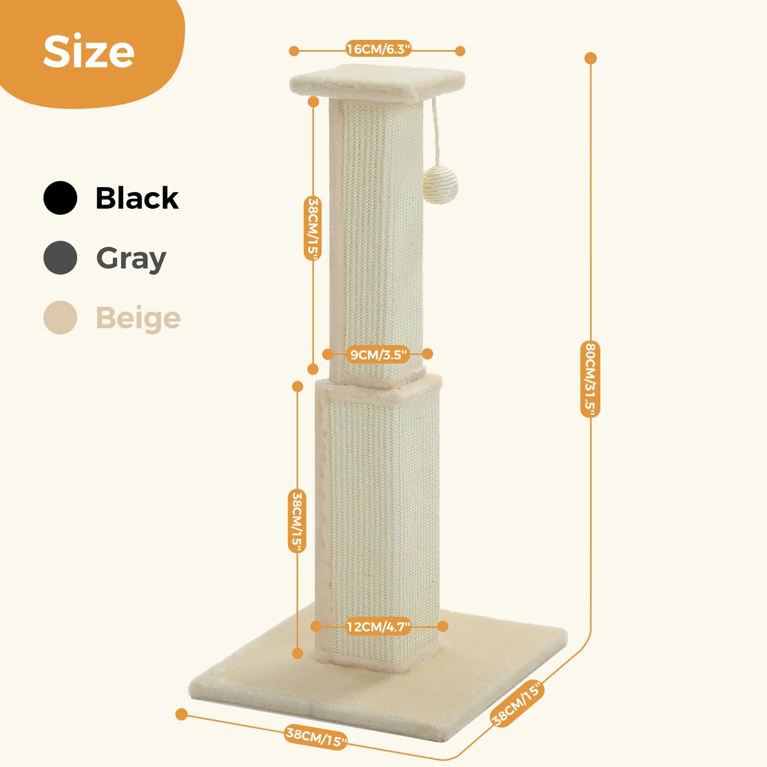 80cm Cat Scratching Post for Indoor Cat Scratcher with Nature Sisal Ball Tall Scratching Post for Large Cats Kitten Pet Toys 100% natuurlijke sisal - product feature