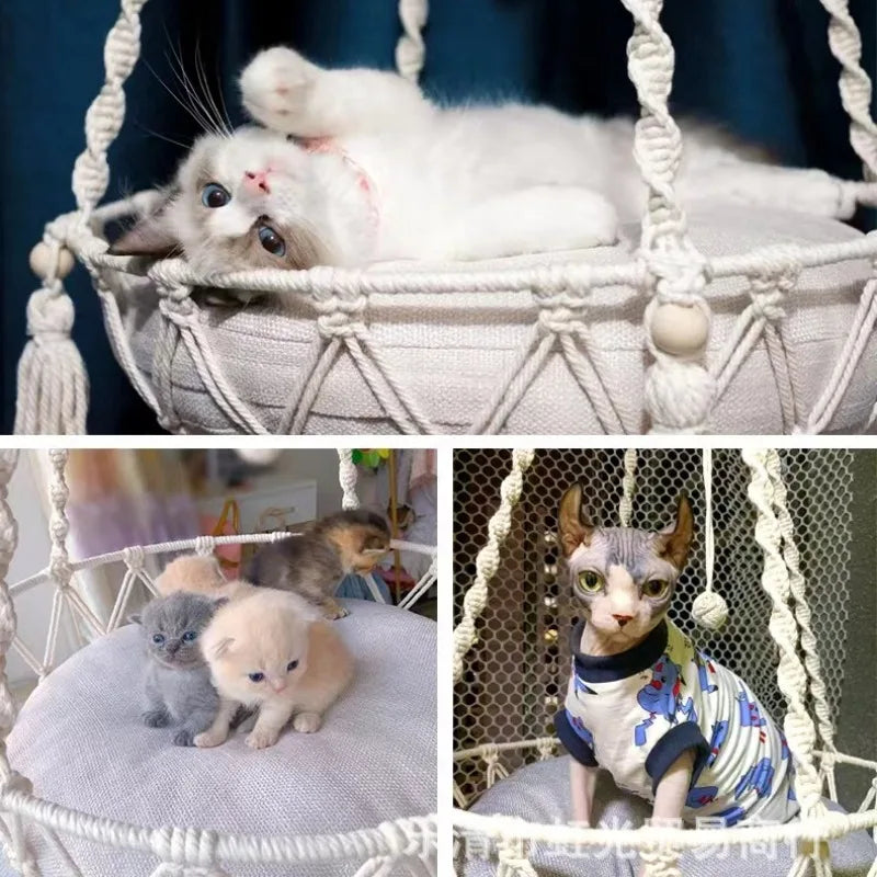 Pet Hammock Cat Swing Hand Woven Cotton Rope Cats Hanging Basket Kitten Hanging String Den Indoor Pend Nest Pets Supplies Stevig Ontwerp - product feature