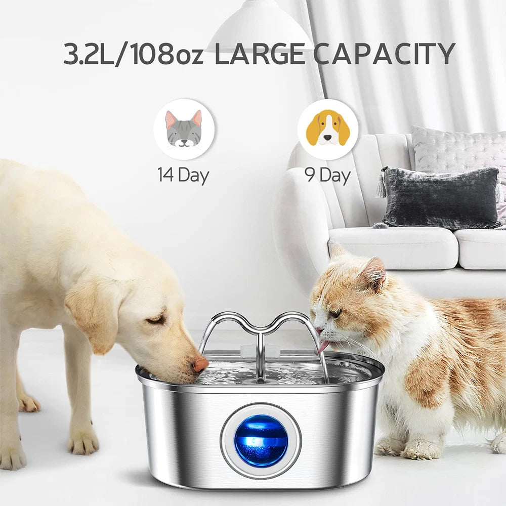 108oz/3.2L Cat Water Stainless Steel Pets Dispenser With LED Light Silent Pump Automatic Fountain For Cat Dog Drinking Bowl - high-quality product