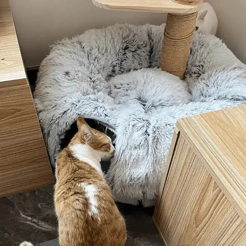 Plush Cat Bed with Tunnel for Indoor Cats Multifunctional Cat Tunnel Bed with Peephole Fluffy Donut Cat Bed with Tunnel - high-quality product
