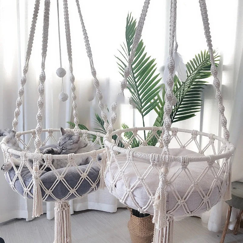 Pet Hammock Cat Swing Hand Woven Cotton Rope Cats Hanging Basket Kitten Hanging String Den Indoor Pend Nest Pets Supplies - high-quality product