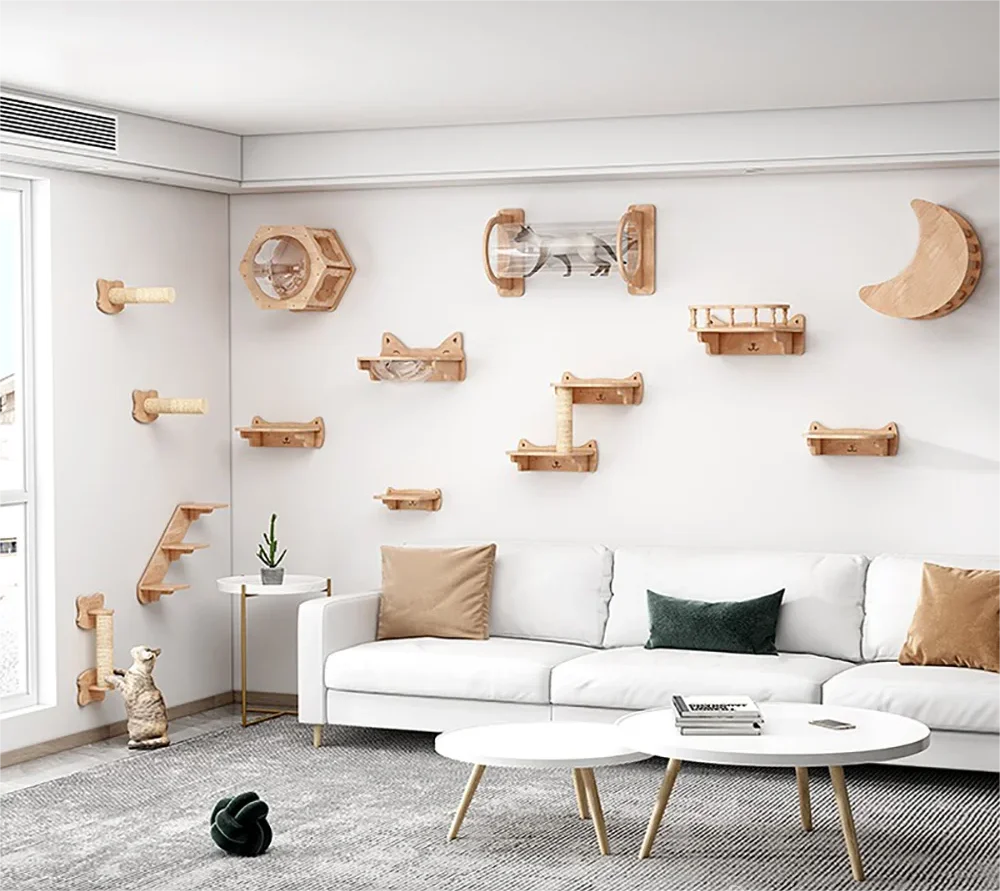 Wall Mounted Solid Wood Cat Climbing Frame β Multi-functional Jumping Platform with Scratch Pole Wooden Cat Bed for Kitten Rest Krabpaal integratie - product feature